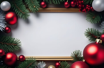 On a white background, a frame decorated with spruce branches and red and white Christmas toys. Free space in the middle for placing congratulations or advertising products.