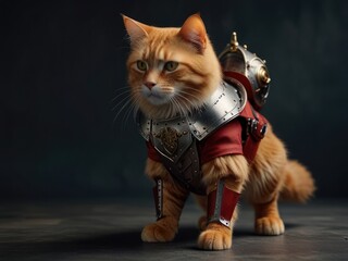 Regal Cat Warrior in Ornate Armor: A Noble Feline Knight Stands Proud