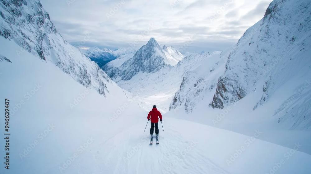 Poster freeride skier dropping into a steep couloir snow cascading down the slope sharp cliffs and rocky te