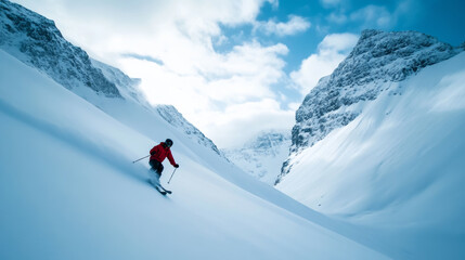 Freeride skier dropping into a steep couloir snow cascading down the slope sharp cliffs and rocky terrain creating an extreme adventure vibe 