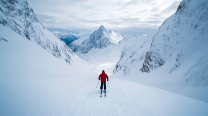 Freeride skier dropping into a steep couloir snow cascading down the slope sharp cliffs and rocky terrain creating an extreme adventure vibe 