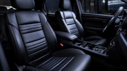 Interior view of a car seat, highlighting the upholstery and adjustment controls. realistic photography wide Copy space