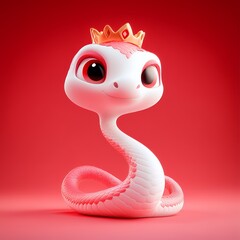 Fototapeta premium A cute cartoon snake wearing a crown against a vibrant red background.