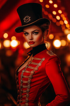 Full-body image of a woman in a vintage circus ringmaster costume red coat with gold accents top hat and whip dark carnival tent setting lit by eerie lanterns 