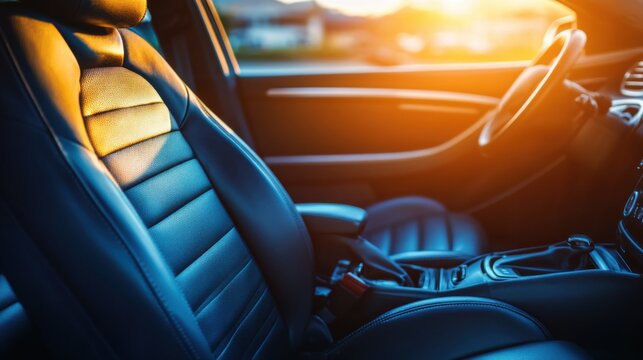 Interior view of a car seat, highlighting the upholstery and adjustment controls. realistic photography wide Copy space