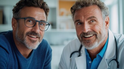 Two doctors smile warmly in a clinical environment; one wears a stethoscope. They exhibit approachability and professionalism, symbolizing trust and quality healthcare.