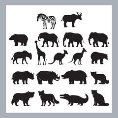 Set of silhouette logotype icons animal Lion, Elephant, Tiger, Giraffe, Kangaroo, Panda, Gorilla, dolphin, cat, deer, Polar Bear, Zebra, fox in white background