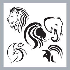 Set of silhouette logotype icons animal Lion, Elephant, Tiger, Giraffe, Kangaroo, Panda, Gorilla, dolphin, cat, deer, Polar Bear, Zebra, fox in white background