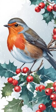 Beautiful Vertical Christmas Card: Traditional Watercolor Illustration of a Robin Perched on Snowy Holly Branches with a Winter Blue Sky Background