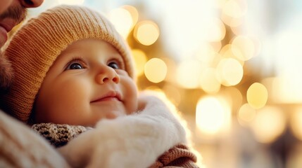 A baby warmly dressed in a knitted hat, looking upwards with a delightful smile, with an out-of-focus backdrop featuring glowing bokeh lights in the background.