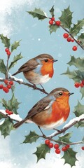 Elegant Vertical Christmas Card: Traditional Watercolor Illustration of Two Robins Perched on Snowy Holly Branches with a Winter Blue Sky Background