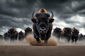 Bison thundering across the plains, captured in a dramatic photograph that emphasizes the sound and movement of a powerful herd