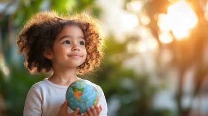 Fototapeta premium A young child in a white shirt, smiling and holding a small globe, standing in a sunlit garden with greenery, embodying innocence and curiosity in an artistic capture.
