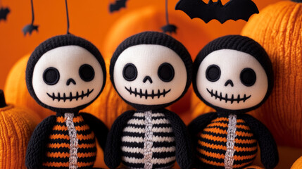Halloween toy showcase featuring playful skeleton dolls, plush pumpkins, and hanging bat mobiles vibrant orange and black with a hint of whimsy and fun 