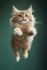 Adorable fluffy kitten mid-jump with green background.