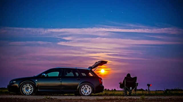 Watching the full moon, blood moon, harvest moon, blue moon, rising over a starry countryside - time lapse