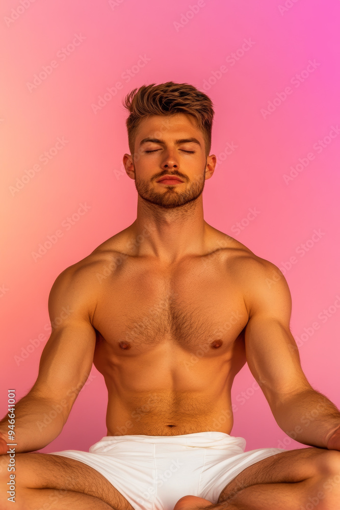 Poster handsome man with calm expression sitting cross-legged in meditation pose on a soft pastel backgroun