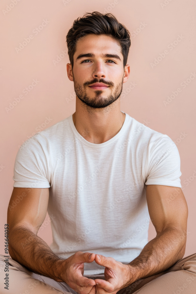 Poster handsome man with calm expression sitting cross-legged in meditation pose on a soft pastel backgroun