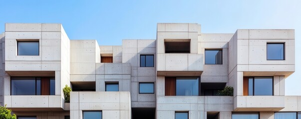 A brutalist apartment building with repetitive, modular designs and exposed concrete, Neo Brutalism, apartment, modular
