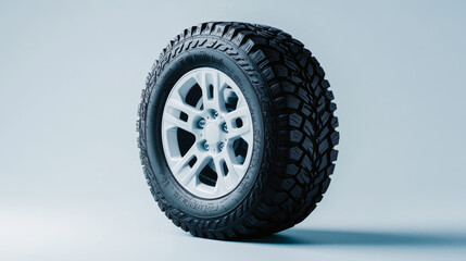 High-detail winter tire with studded tread isolated on a gradient background shifting from cool white to pale gray emphasizing durability and superior winter traction 