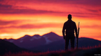 Hunter silhouetted against an autumn sunset overlooking a valley rich with warm reds and oranges rifle slung over shoulder peaceful yet powerful moment in nature 