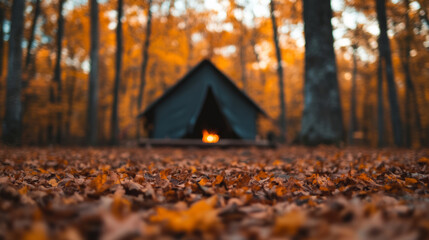 Hunting camp set up in the woods surrounded by fallen leaves cozy tent with a fire pit nearby rifles leaning against a tree warm golden autumn glow 