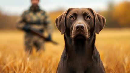 Hunting dog standing alert in an autumn field surrounded by tall golden grasses hunter in the background wearing camouflage deep focus on nature’s beauty and readiness 