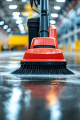 Fototapeta premium Industrial floor scrubber in action, powerful scrubbing brushes removing dirt and grime, wet and reflective surface, gritty factory setting 
