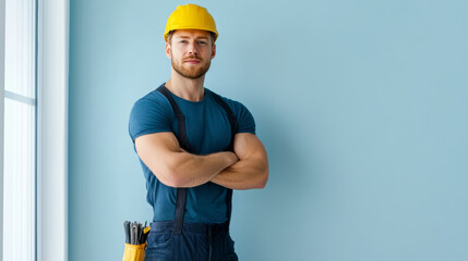 Installer measuring the opening for a PVC window with a tape measure precise and accurate preparation for a perfect fit gradient background transitioning from light blue to white 
