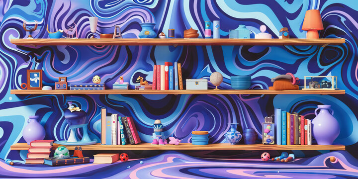 A disorganized shelf, its assortment of knick-knacks and books contrasting against an abstract blue and purple swirled pattern.