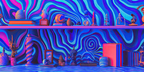 A disorganized shelf, its assortment of knick-knacks and books contrasting against an abstract blue and purple swirled pattern.