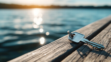 Isolated image of a rental boat key with a nautical keychain resting on a wooden dock bright sunlight and water reflections ideal for boat rental ads 