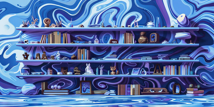 A disorganized shelf, its assortment of knick-knacks and books contrasting against an abstract blue and purple swirled pattern.