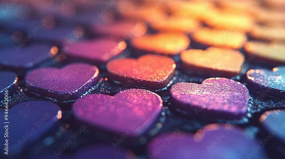 Poster close-up of colorful hearts arranged on a table in the center of the image