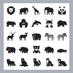 Set of silhouette logotype icons animal Lion, Elephant, Tiger, Giraffe, Kangaroo, Panda, Gorilla, dolphin, cat, deer, Polar Bear, Zebra, fox in white background