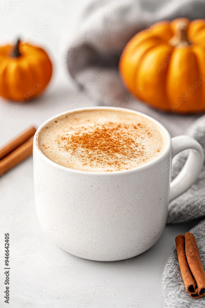 Poster minimalist pumpkin spice latte in a sleek white cup with a tiny pumpkin and cinnamon stick beside it