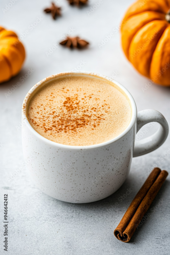 Poster minimalist pumpkin spice latte in a sleek white cup with a tiny pumpkin and cinnamon stick beside it
