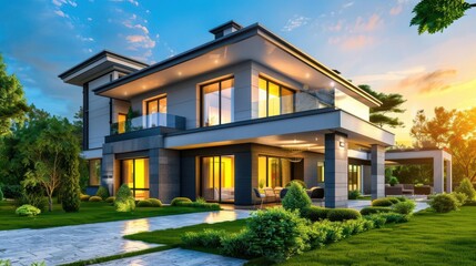 modern suburban house with green grass and blue sky at sunrise exterior photo