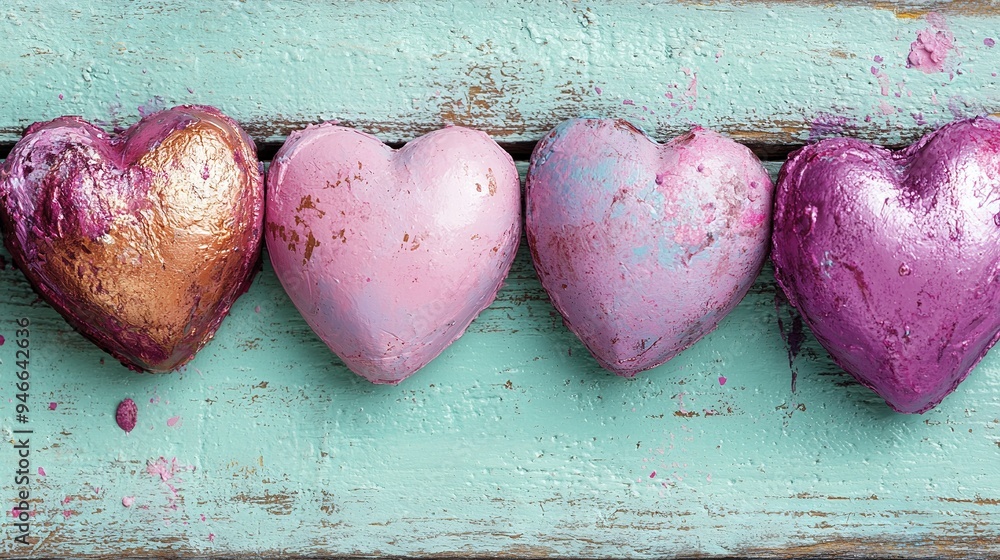 Wall mural five heart-shaped bath bombs arranged in a line on a blue wooden surface, with pink, purple, and gre