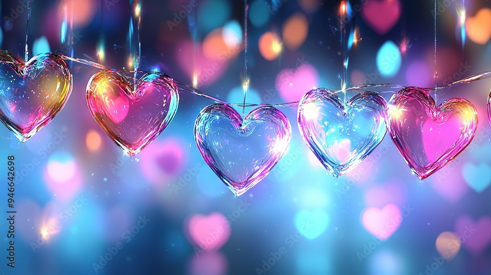 Poster hearts dangling on string against blurry background with soft light