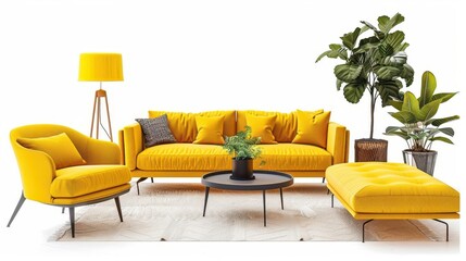 modern yellow furniture collection with sofa chair planter table and lamp isolated on white interior design set