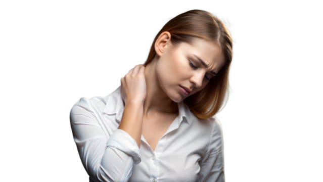 Woman holding her neck in pain, isolated on transparent background.