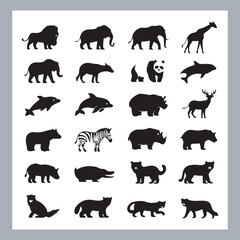 Set of silhouette logotype icons animal Lion, Elephant, Tiger, Giraffe, Kangaroo, Panda, Gorilla, dolphin, cat, deer, Polar Bear, Zebra, fox in white background