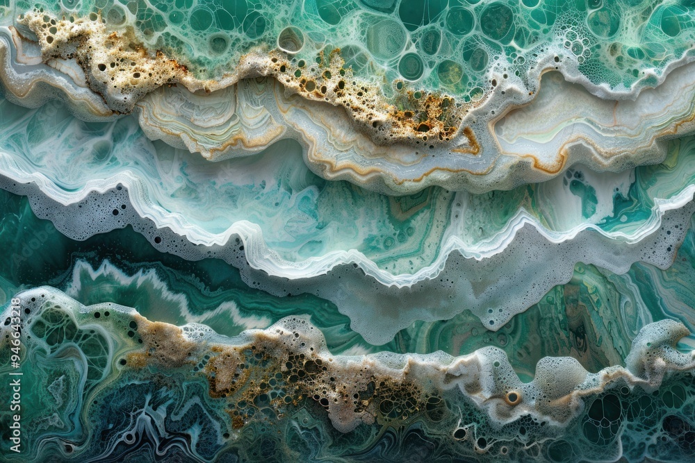 Poster close-up of a green and white marble texture with swirling patterns and bubbles