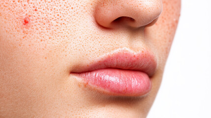 Fototapeta premium Patchy skin rash on light skin tone with redness and subtle swelling isolated on white background highlighting allergic reaction or irritation 