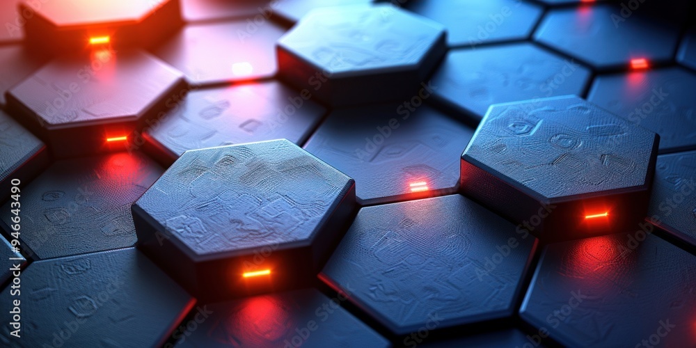 Poster close-up of a hexagonal pattern with red glowing lights