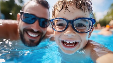 A child with blue swim goggles laughs happily in a pool, with his father smiling in the background, reflecting a moment of shared summer joy and carefree fun by the water.