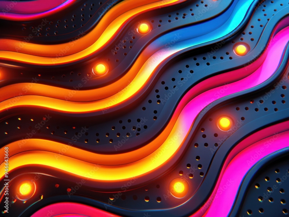 Poster A digital rendering of an abstract, wavy surface with neon lights and a perforated pattern