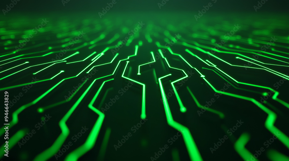 Aufkleber pulsing electric circuit lines in neon green on a gradient background transitioning from black to da