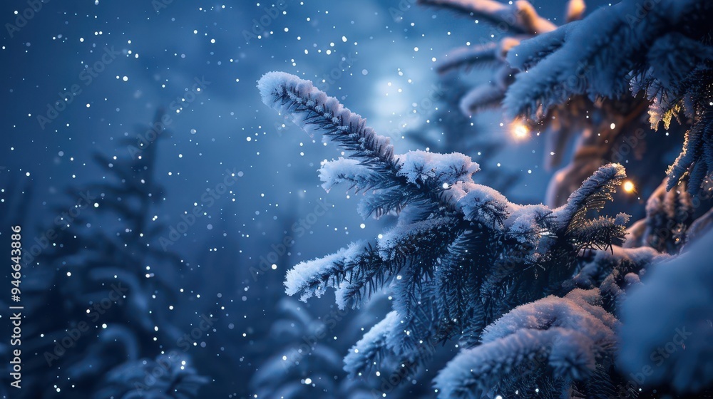 Poster moonlit winter wonderland majestic snowcovered pine tree stands against a deep indigo sky twinkling 